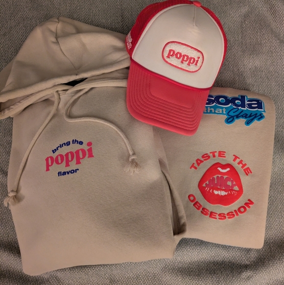 Poppi Pants - Women's Poppi Hoodie, Sweatpants and Cap Set - Cream and Pink